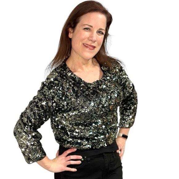 NWT Marc Jacobs Cardigan Sweater - Medium - Silver Sequin 3/4 Sleeve w/ Zipper - Picture 4 of 15